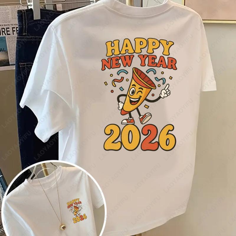 

Happy New Year 2026 Party Horn Fashion Print Tshirt Men Woman Oneck Cotton Shortsleeve Tees Holiday Party Y2k Streetwear Tops S