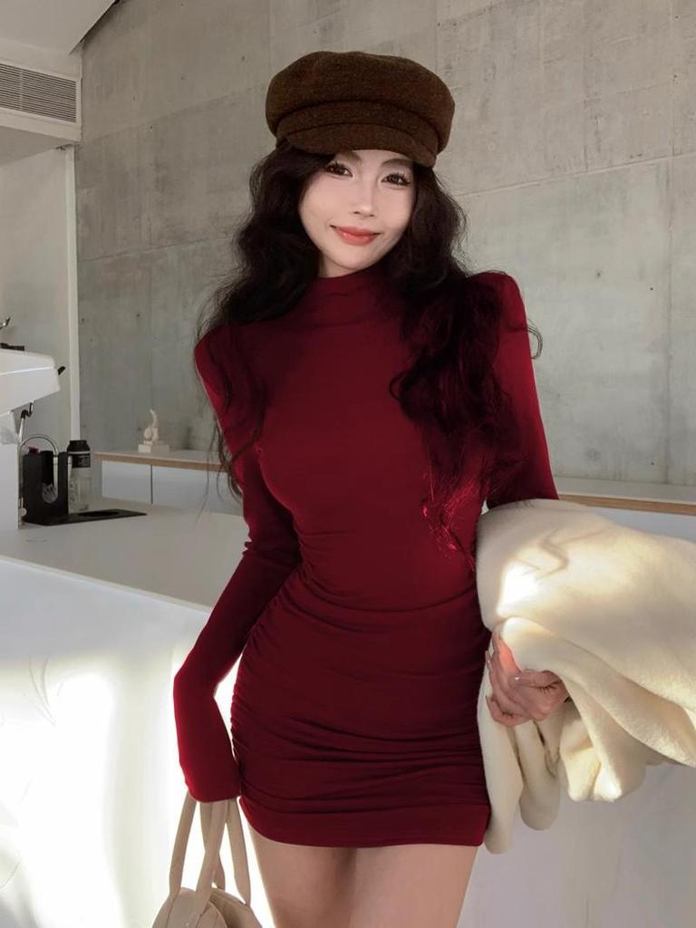 Slim Fit Half-High Collar Long Sleeve Dress for Women - Sexy Autumn/Winter Hip-Hugging Style