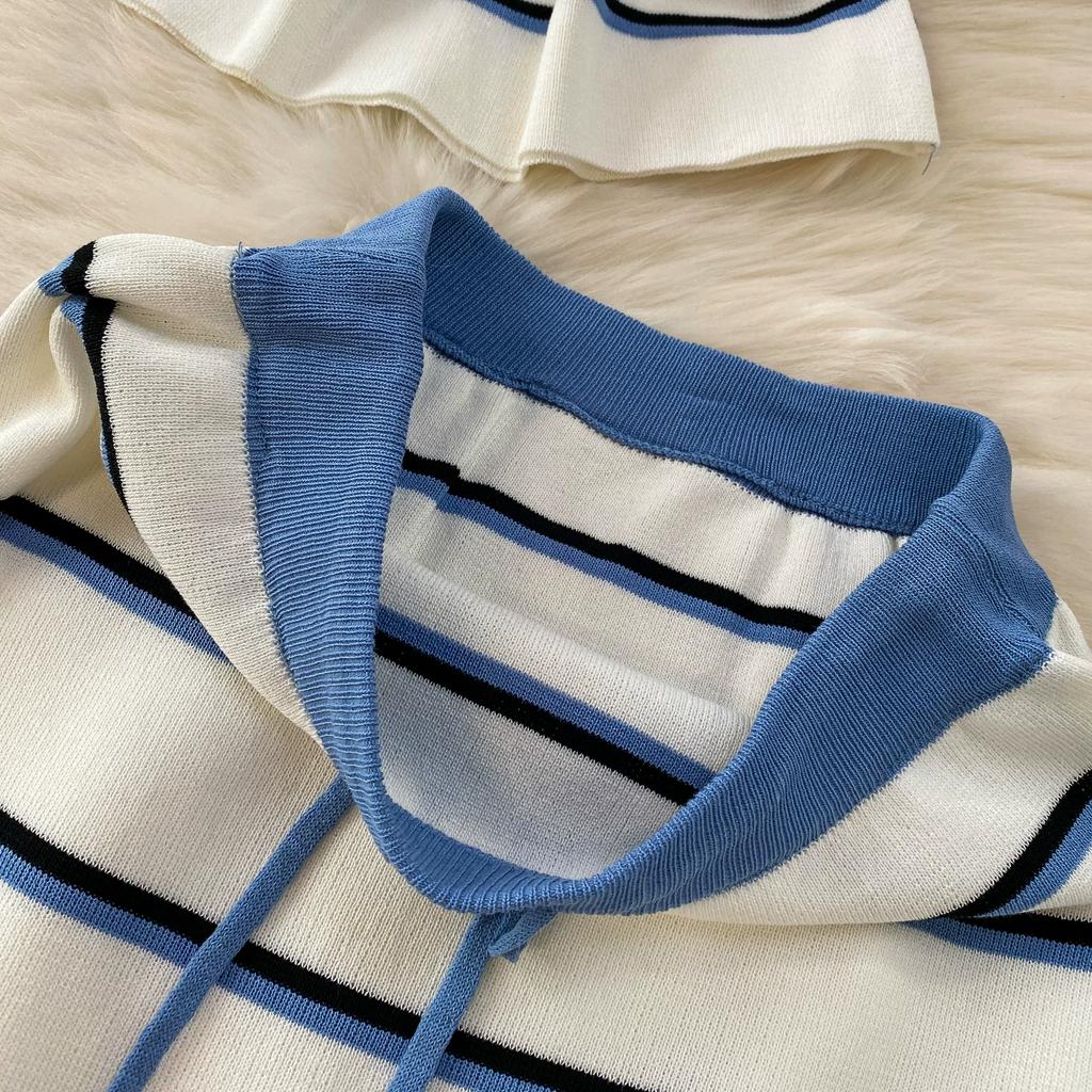 Casual Striped Crew-Neck Sleeveless Knit Top and High-Waisted Slimming Bodycon Midi Skirt Sets Summer Knitted Two Piece Sets for Women