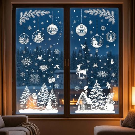 Holiday Static Window Stickers 9 Sheets Christmas Stickers, Reusable Snowflake Santa Claus Reindeer Large Collage Decor Decals for Glass Decoration,
