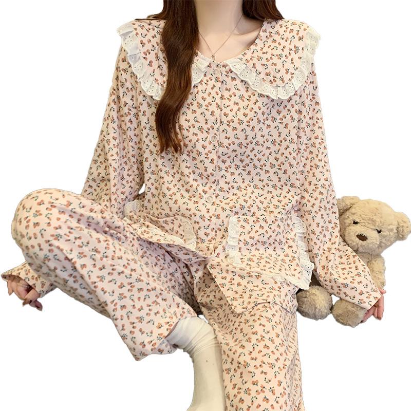 Cloud Cotton Pajamas Women'S Spring Sweet Pink Floral Long-Sleeved Loungewear Suit