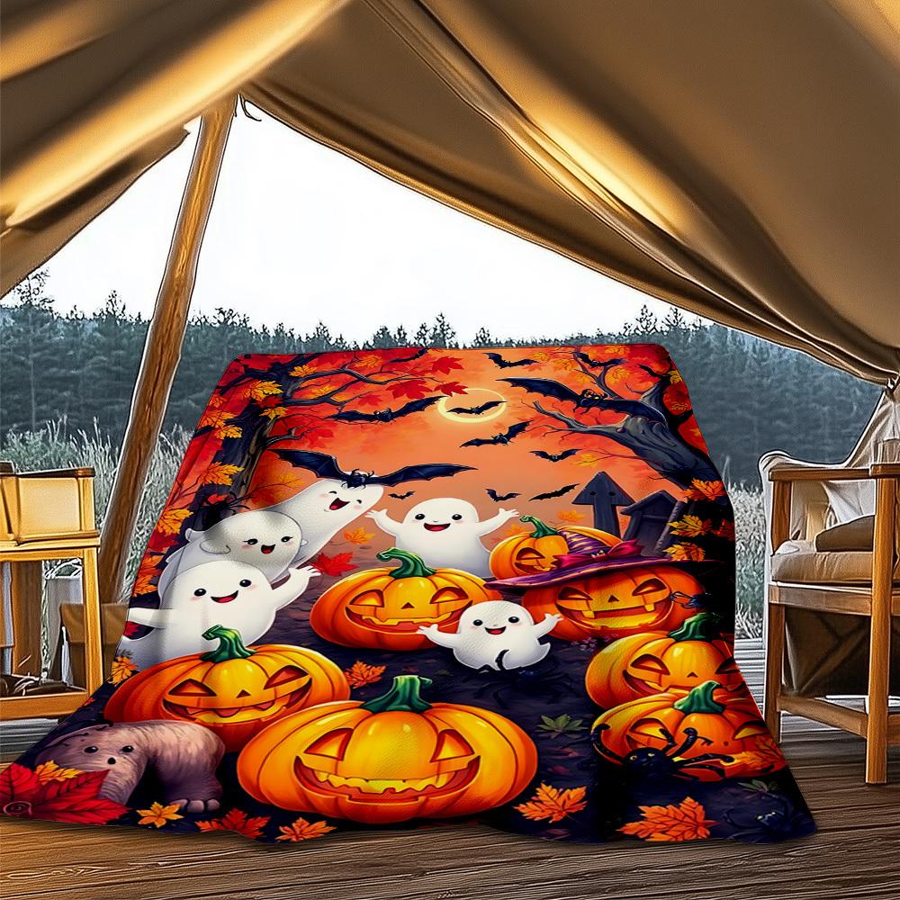 1pc Ghosts and Pumpkins Print Outdoor Blanket, Lightweight Polyester,