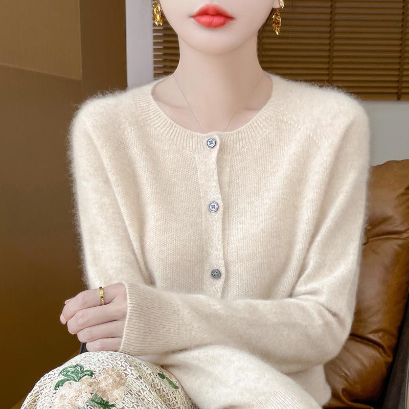 Damski kardigan płaszcz ze 100% czystej wełny z okrągłym dekoltem - Luźny sweter dzianinowy ściegiem podwiązkowym