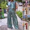 Women's Two-Piece Glossy Suits Round Neck Sleeveless Crop Top Wide Leg Pants Set Casual Loose Outfit Lounge Set