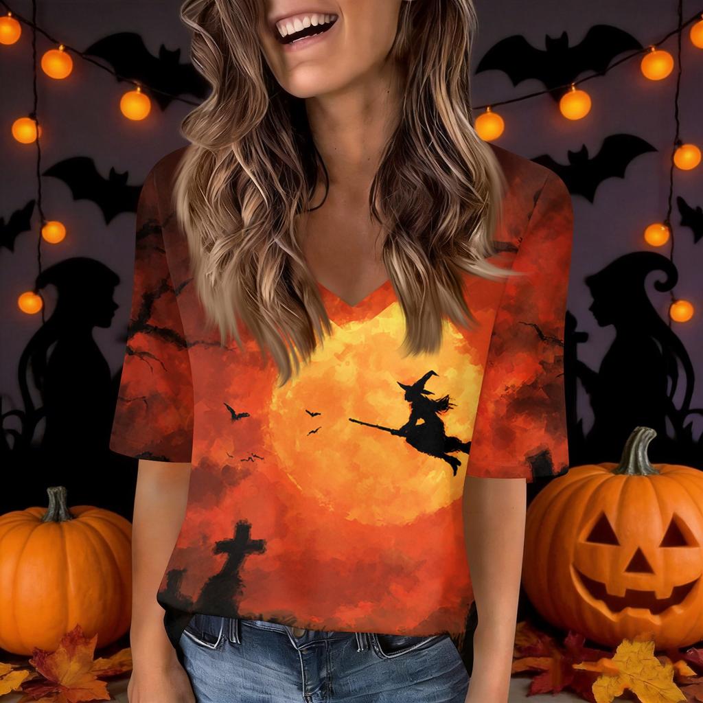 Women's Fashion Short Sleeve V Neck Halloween Print Tunic Top for Casual Wear