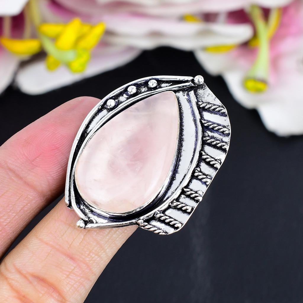Rose Quartz Gemstone Handmade 925 Sterling Silver Jewelry Ring Size 8 KG-1680