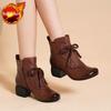 Fashion Elegant with Medium Heels Round Toe Ankle Boots for Women Leather Fleece-Lined Woman Short Shoes Autumn Winter New Rock Booties