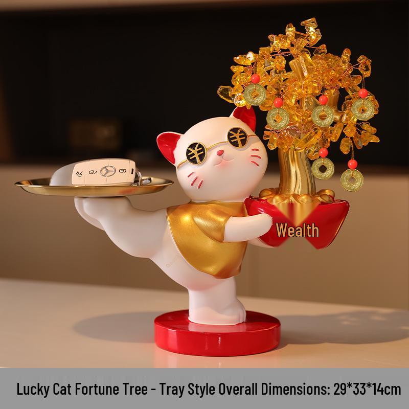 Lucky Cat Crystal Wealth Tree Ornament - High-End Housewarming Gift for New Home Entrance.