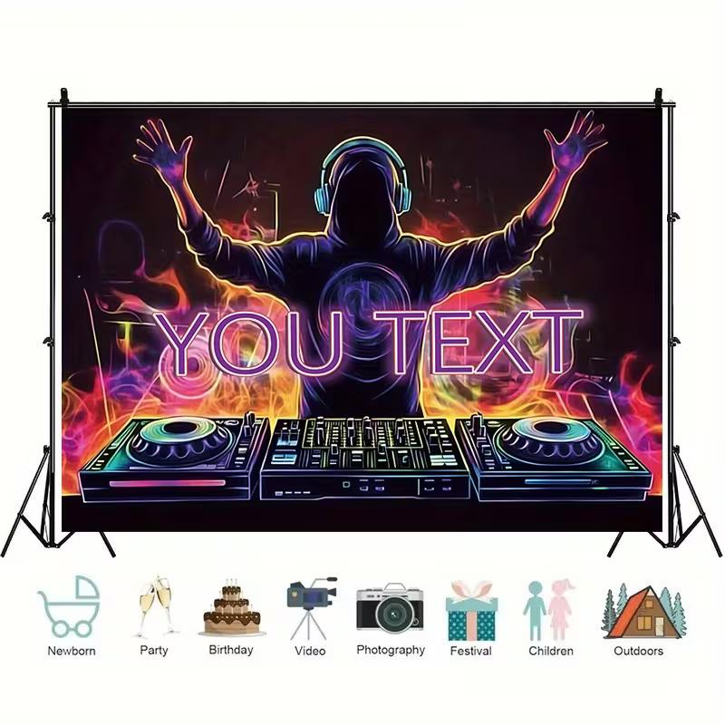 Neon DJ Wall Hanging, Personalized Text Music Party Backdrop for Club, Bar & Birthday Decor