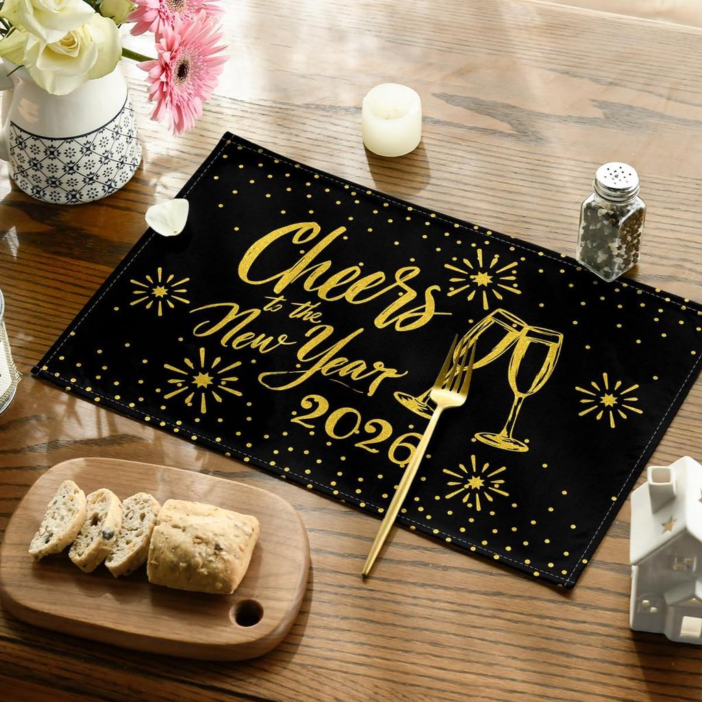 Artoid Mode Black and Gold Cheers to The 2026 New Year Placemats Set of 4, 12x18 Inch Festival Winter Table Mats for Party Kitchen Dining Decoration