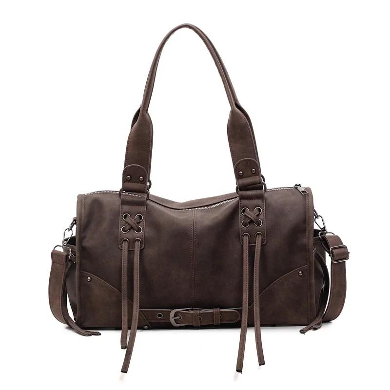 

Popular Russian Motorcycle Shoulder Bag Retro Tassel Y2k Pillow Handbag Trend Frosted Multi-pocket Crossbody Bag Horiztal Tote коричневий