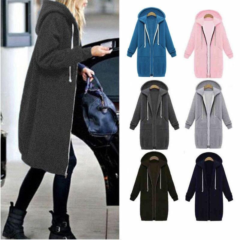 Women Long Sleeve Zip Up Hooded Hoodie Jacket Jumper Cardigan Coat Size Plus