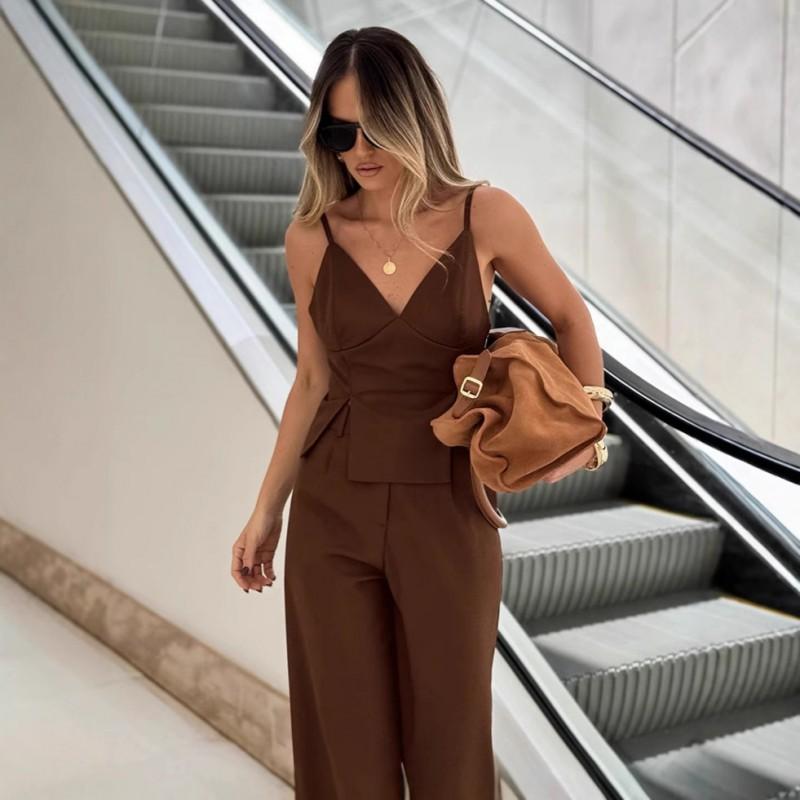 Womens Vintage Brown Sleeveless Top Long Pants Set Office Commute 2-Piece Outfit