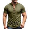 Men's Short Sleeve Shirt Vintage V-Neck Lace-Up Casual Color Summer Top