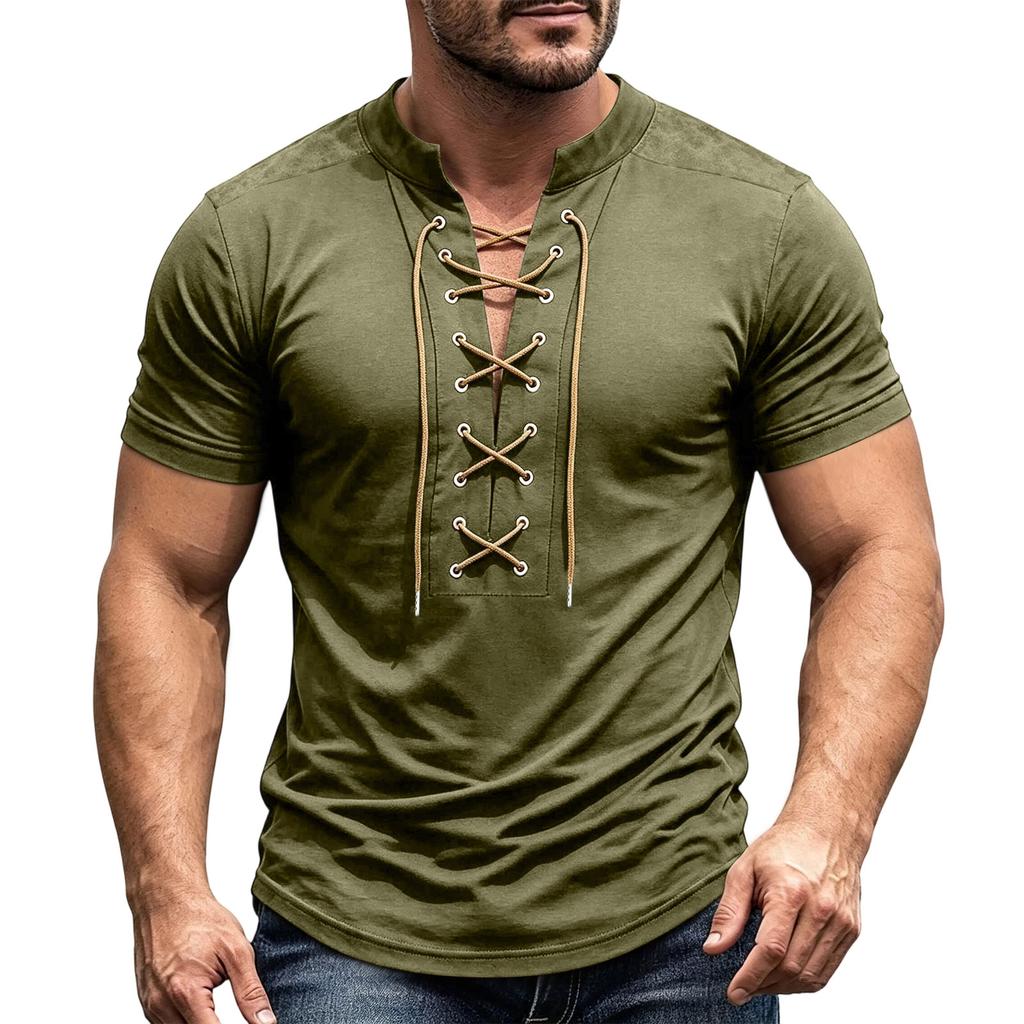 Men's Short Sleeve Shirt Vintage V-Neck Lace-Up Casual Color Summer Top