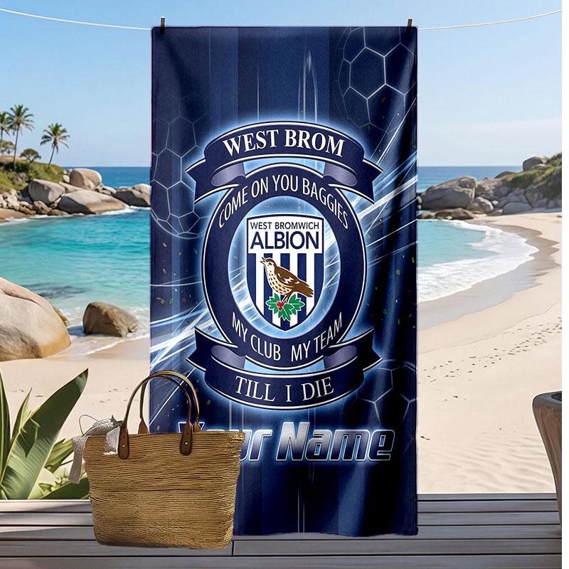 West Bromwich Albion FC Personalized Printed Beach Towel Soccer Logo Support Custom Name Text Absorbent Towel For Sport Travel Special Gift