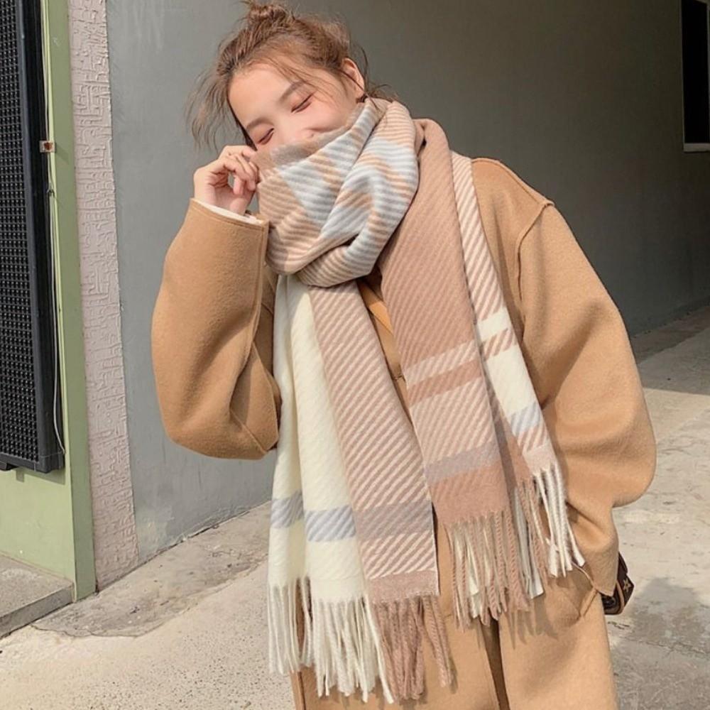 Korean Style Women's Cashmere Scarf Thickened Winter Neck Warmer Checkered Scarf Autumn Winter