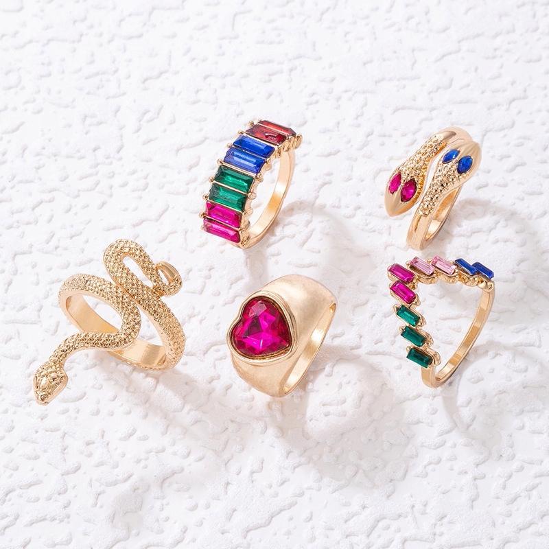 Set Of 5 Golden Rings Retro Punk Vintage Snake Heart Multicolor