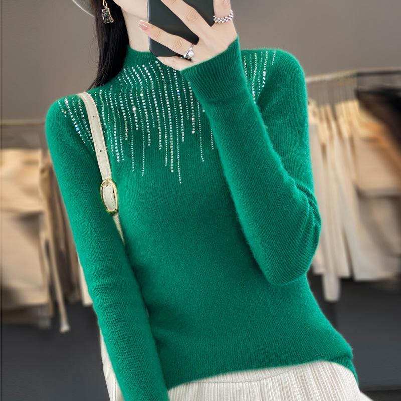 Sweater women's autumn and winter hot diamond knitted sweater women's semi-turtleneck thickened sweater knitted sweater bottoming shirt