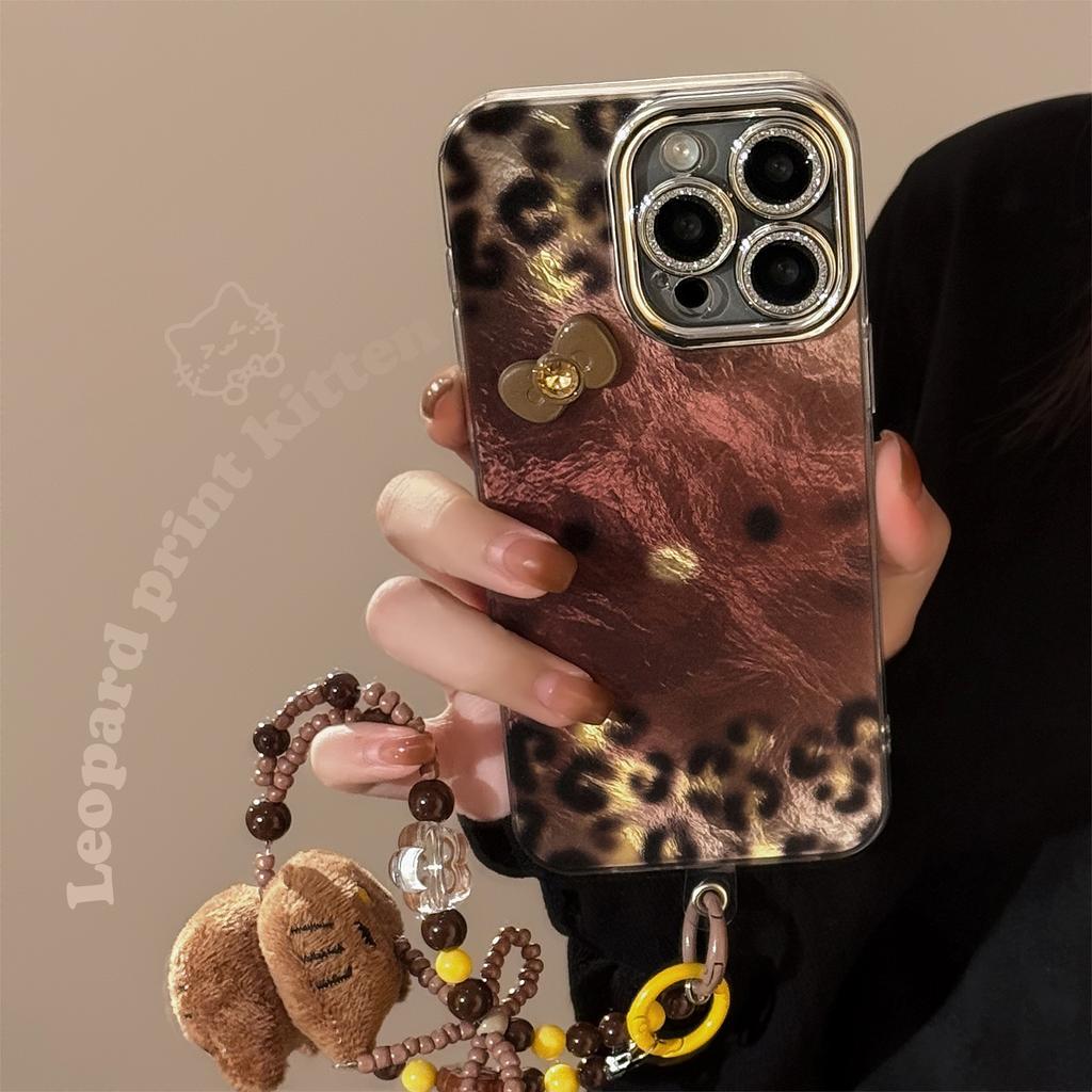 Brown Leopard Print Hot Girl Cat Apple 17 Mobile Phone Case IPhone 16 Suitable for 14pronax Hanging Chain 13 Three Dimensional Flash Powder
