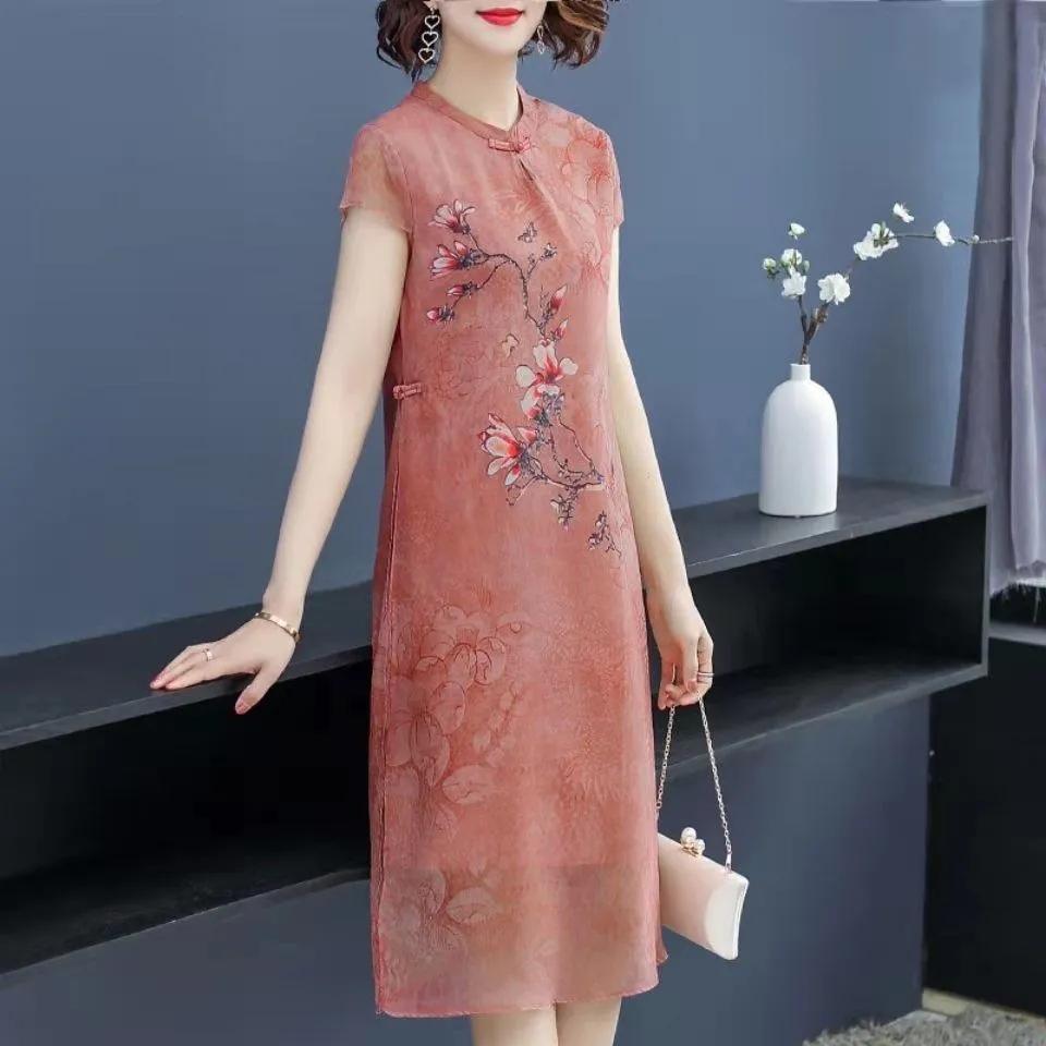 Šaty Nová široká manželka Cheongsam Dámske letné šaty stredného veku Dlhé šaty Qipao