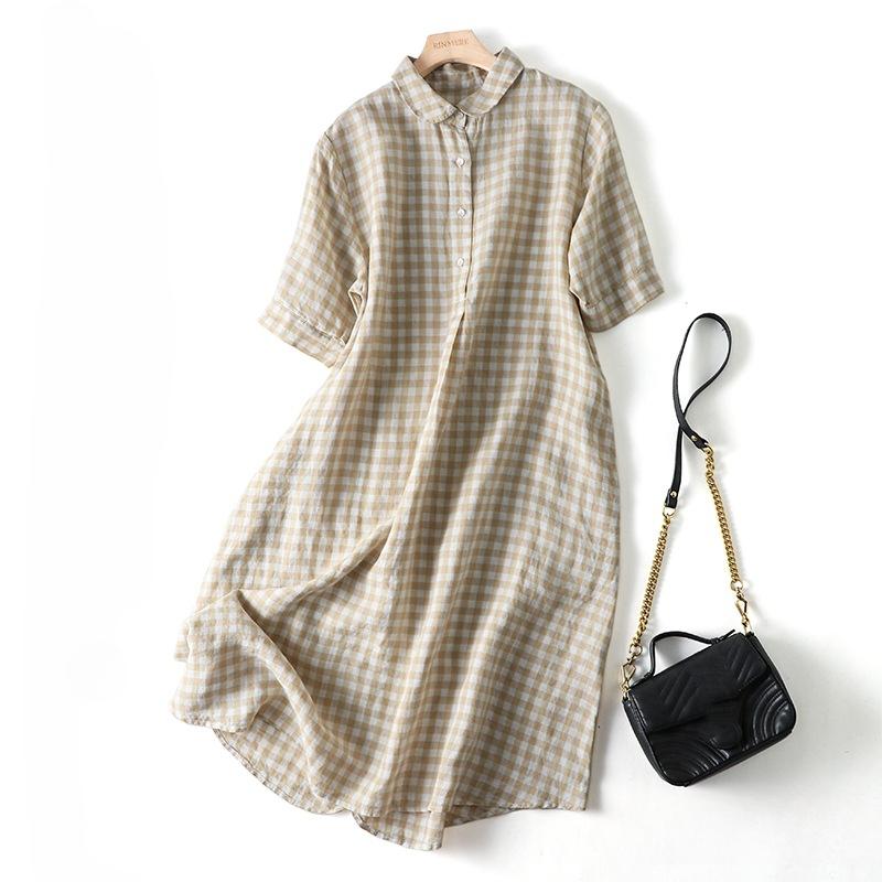 

Летнее свободное однотонное хлопковое льняное клетчатое платье с короткими рукавами и лацканами для женщин, повседневные платья средней длины M