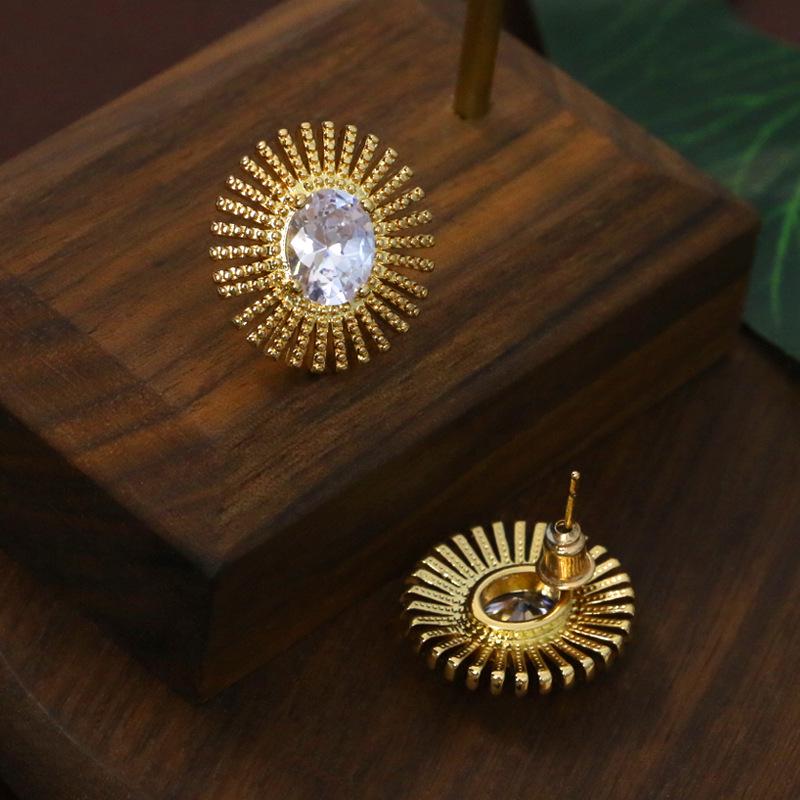 Vintage French-Style Sunflower Zircon Stud Earrings with Brass and S925 Silver Pins
