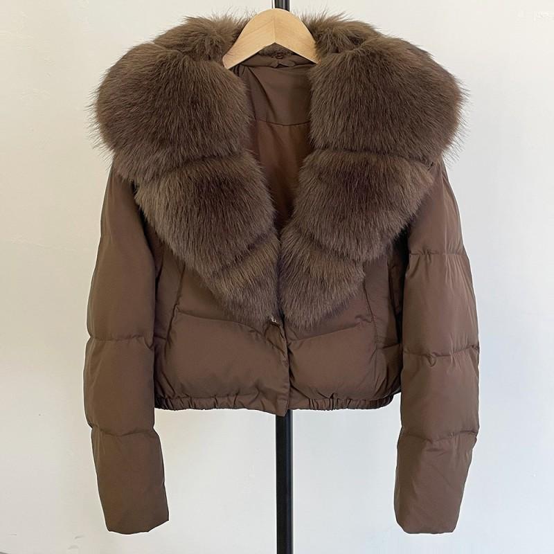 Womens Short Puffer Coat With Oversized Fox Fur Collar Warm Winter Outerwear Loose Fit Stylish Daily Wear
