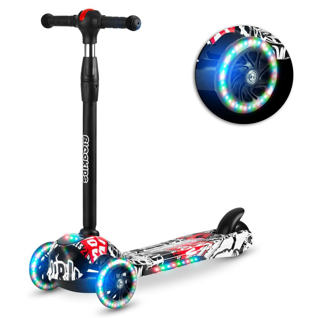 Ricokids Piko three-wheeled scooter - black with white and red patterns