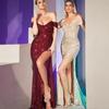 New Women's Off Shoulder Sequin Evening Dress High Slit Bodycon Maxi Party Gown for Formal Cocktail Prom Wedding Guest Events