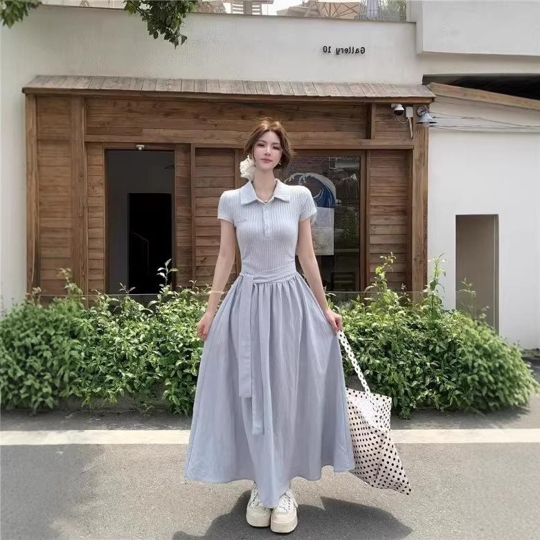 French Cake-cutting Small Woman Summer Temperament Design Sense Beautiful Dress Blue Generous Short-sleeved Skirt