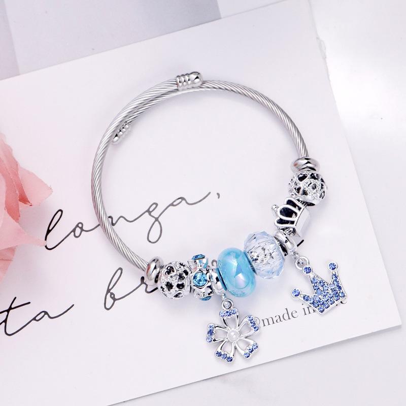 Ladies Hollow Five Petal Flower Bracelet With Diamond Crown Pendant Stainless Steel Bangle Jewelry