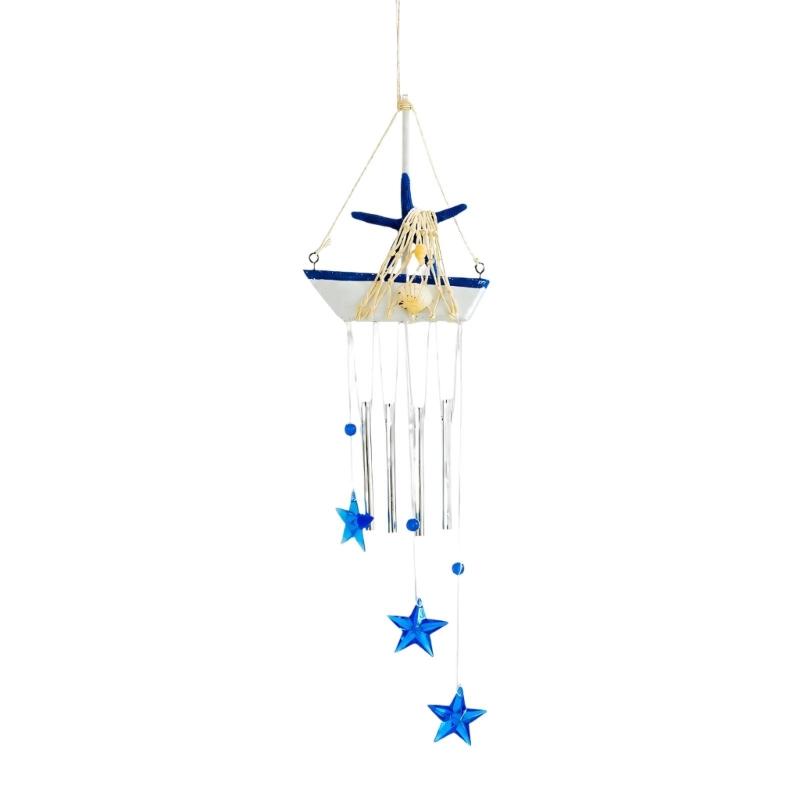 Coastal Wind Chimes with Blue and White Sailboats, Carving and Painted Detail, and Metal Tube, Star Pendants for Entryway Decors