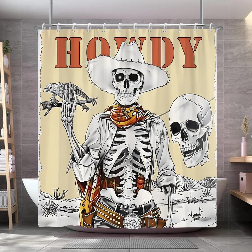 Vintage Western Schädel Gitarre Duschvorhang Lustiger Skelett Cowboy Howdy Gotisch Wilde Natur Wüste Duschvorhang Badezimmer Dekor