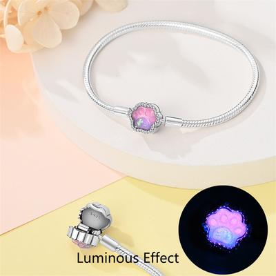 S925 Silver Self Glowing Cat Paw Bracelet  DIY Bead Charm Pendant Accessory
