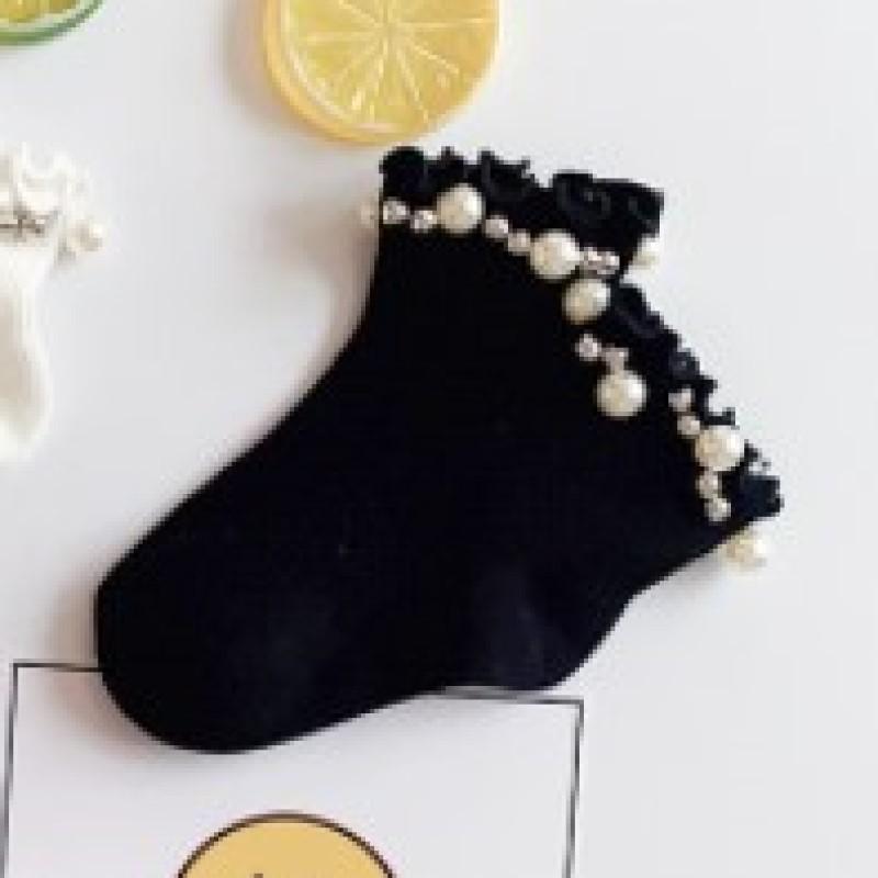 Bavlněné ponožky v korejském stylu v bonbónových barvách s perlami a krajkovými pruhy pro holčičky