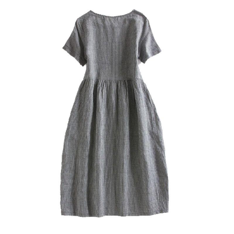 Cotton and Linen Black and White Small Plaid Long Knee Dress Women's Short-sleeved Literary Loose and Thin Skirt Retro Small Check Soft Cotton Dress