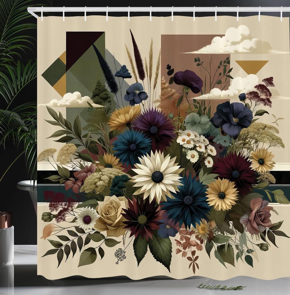 Modern Geometric Floral Waterproof Shower Curtain -Bold Abstract Shapes &Vibrant Flowers for Stylish,Contemporary Bathroom Decor
