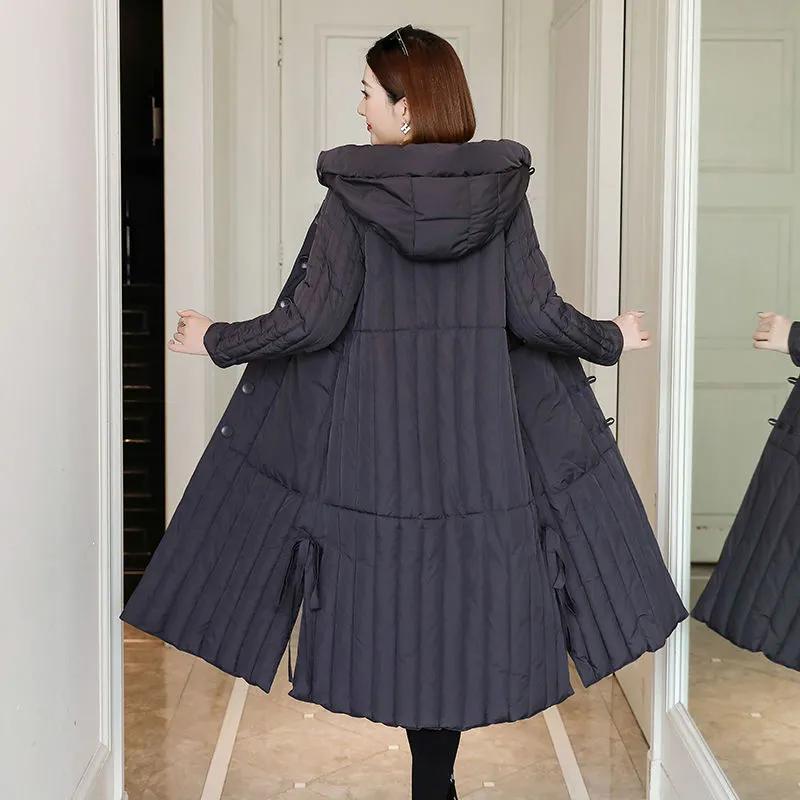Women's Winter 3XL Plus Size Thickened Padded Warm Outerwear Long Slim Casual Comfortable Hooded Button Jacket