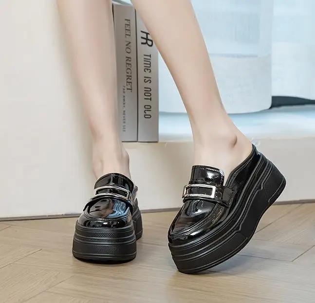 Fashion 8.5cm Patent Synthetic Leather Platform Wedge Casual Pumps Chunky Heels High quality Summer Spring Slipper Fashion Sandals Shoes