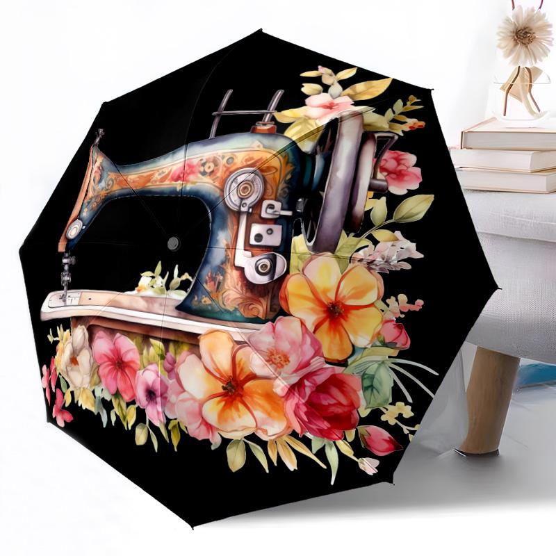 Vintage Sewing Machine Floral Art Automatic Umbrella Compact 8-Rib Design Lightweight All Season Travel Outdoor Accessory Perfect Gift for Women Men
