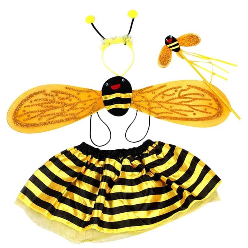 3/4Pcs Little Bee Children Performance Costume Yellow Red Dance Skirt Set Birthday Party Bee Elf Headwear Wings Wand Outfit