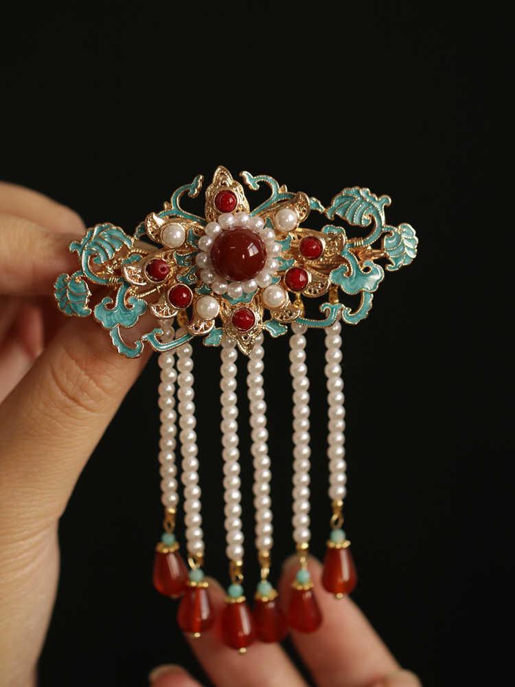 Blue Enamel Hanfu Headdress Hairpin: Song & Ming Dynasty Style Tassel Clip