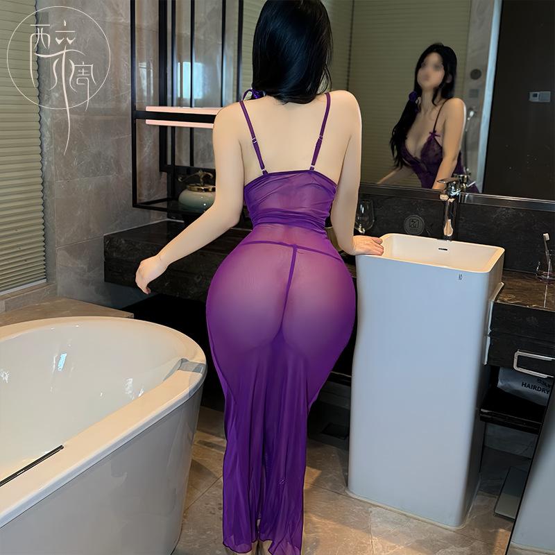 Large size fun purple sexy suspender perspective dress free of temptation slim fit tight fight