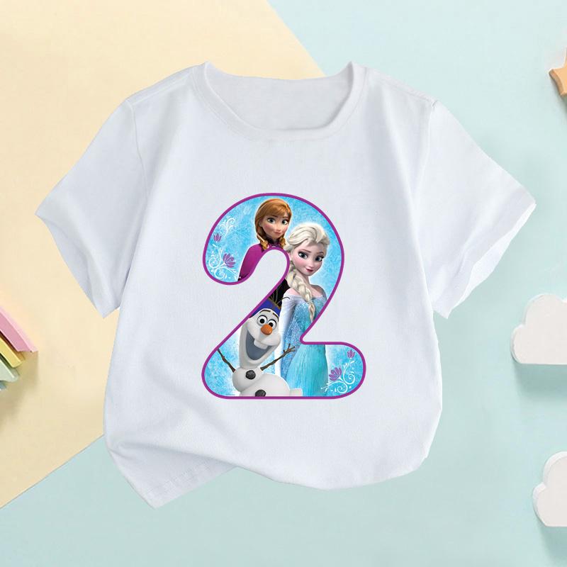 Frozen Elsa Anna Princess Number Bow Print Kids Tshirt Girls Clothes 1 2 3 4 5 6 7 8 9 Years Birthday Baby Boys T-Shirts,HKP2453
