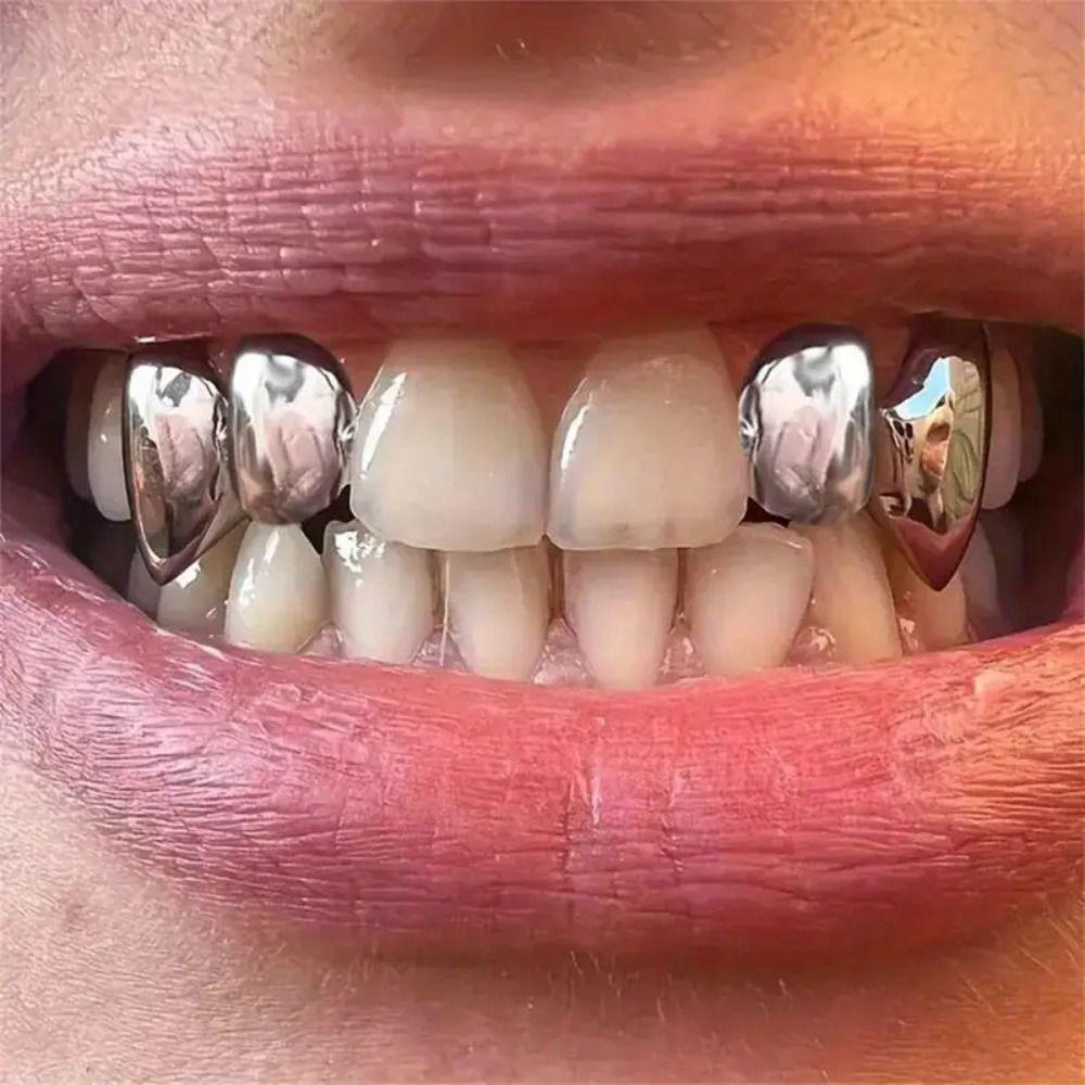 2Pcs/Set Double Glossy Tooth Caps Gold Silver Color Mouth Teeth Grillz Party Cosplay