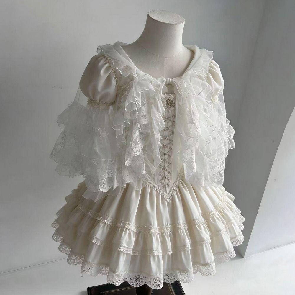 White Black Lolita Short Shawl Lace Mesh Lolita Skirt Versatile French Style Smock  Women