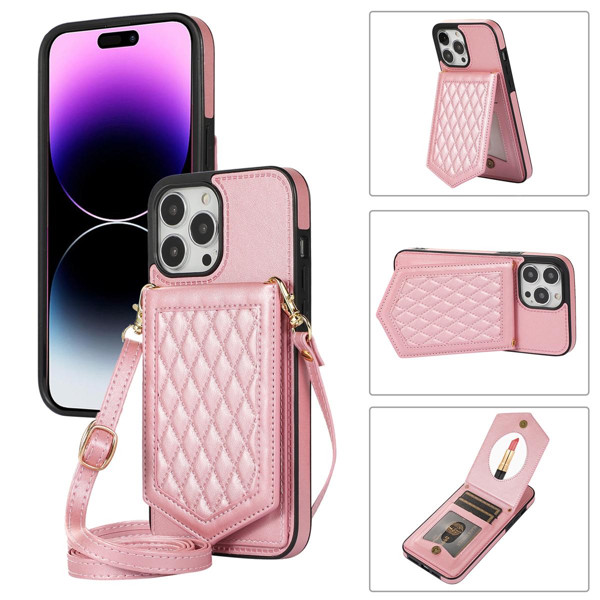 

Кожаный чехол-кошелек с зеркалом и ремешком для защиты от кражи для Samsung S23 S22 S21 S20Ultra Plus A13 A53 A54/iPhone 15 14Plus 13 12 11Pro Max XSMax iPhone 12 Pro розового золота