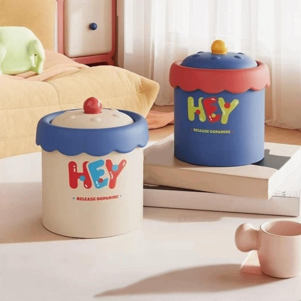 Cartoon Mini Waste Bin with Cover Waste Paper Basket Storage Bucket Tea Slag Can Office