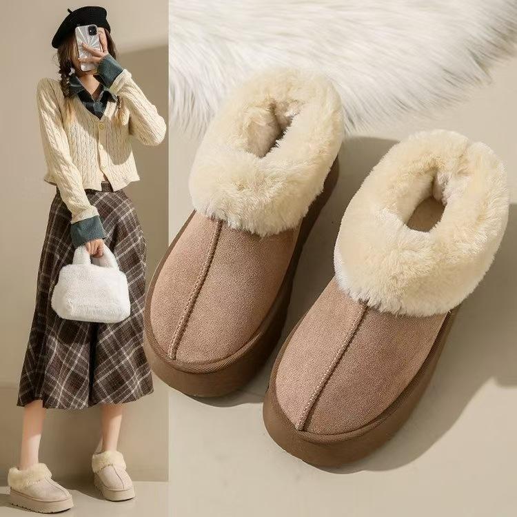 Winter new thick-soled heightening fluffy shoes snow boots women's low-top thickened outer wear one-pedal cotton shoes non-slip